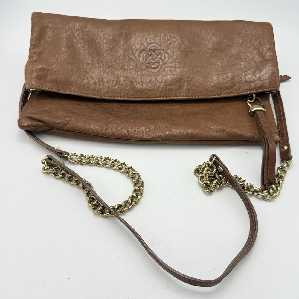 Stella & Dot Waverly Brown Leather 3-Way Foldover Crossbody Clutch Gold Boho